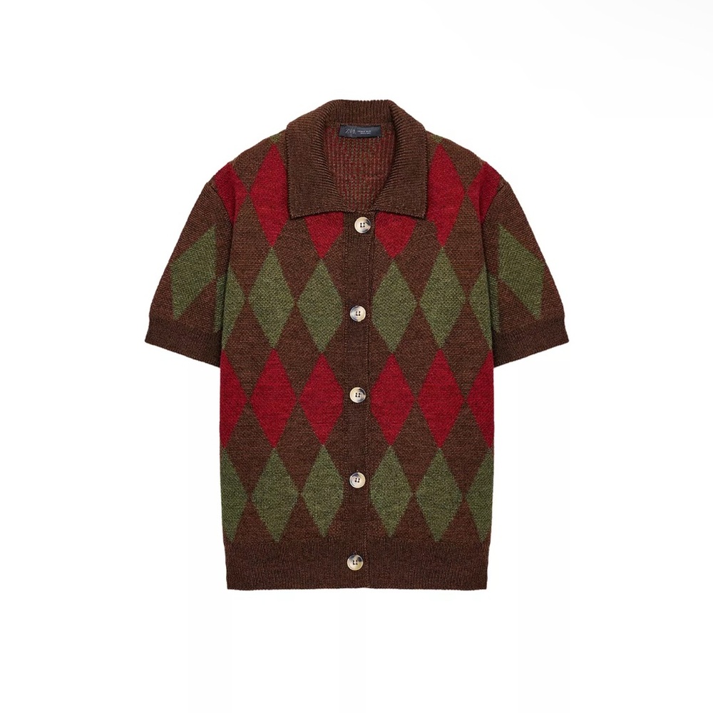 Zara Brown Red Green Argyle Short-Sleeve Cardigan